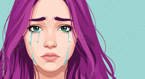 Close-up illustration of a sad young girl with bright purple hair and green eyes crying with tears on her face.