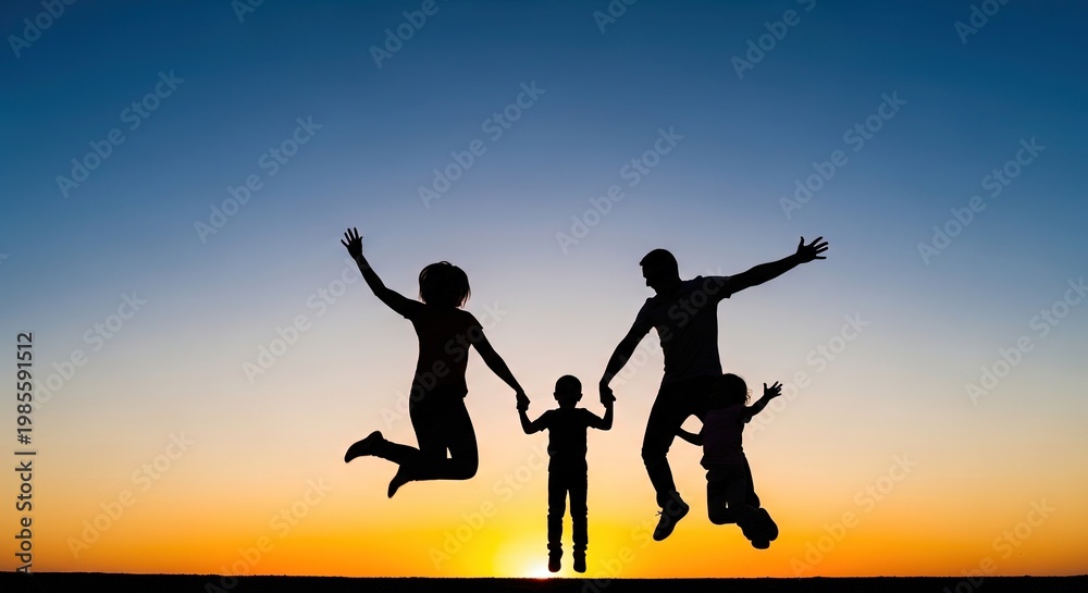 Obraz premium Joyful family silhouette a moment of happiness and togetherness at sunset