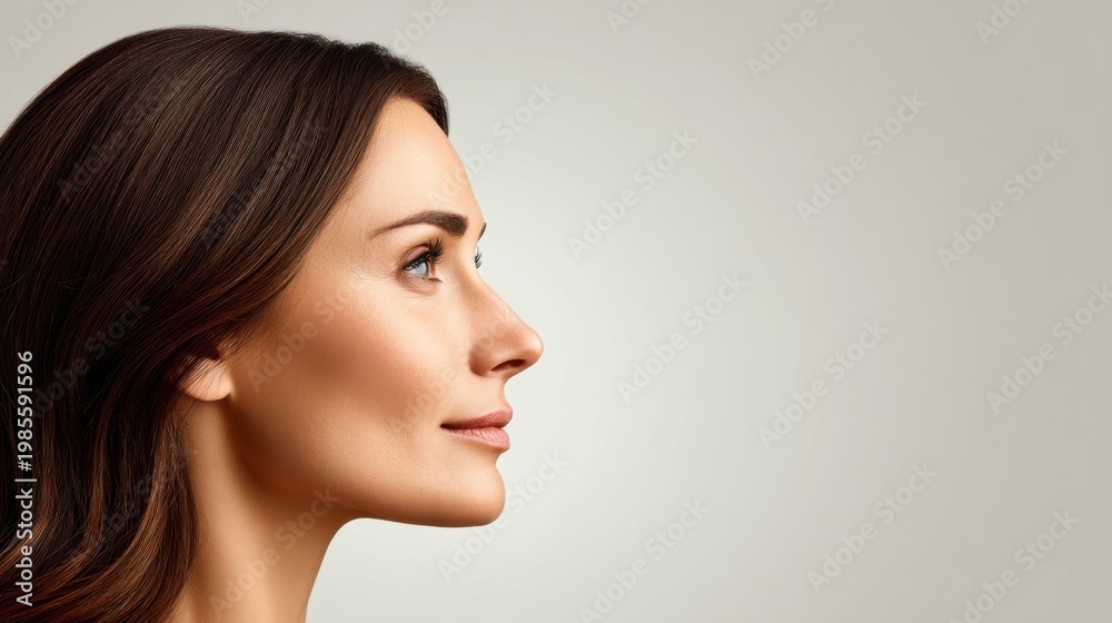 Naklejka premium Profile portrait of a woman with long brown hair and smooth skin, showcasing a serene expression against a soft neutral background
