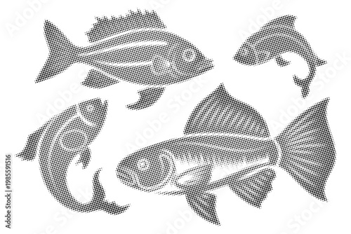 Set vector drawing of fish, fading dot effect, black isolated on white background