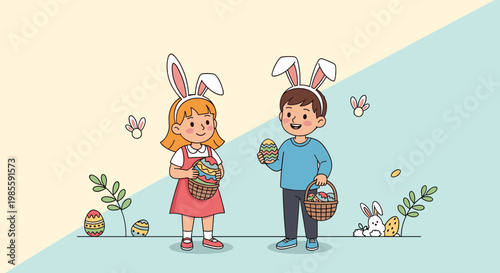 Two cute children wearing bunny ears and holding baskets of decorated eggs for a happy Easter egg hunt celebration.