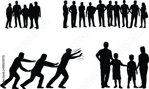 Silhouette People Group Family Crowd Standing Poses Fighting Pushing Reaching Family Holding Hands Vector Illustration Black