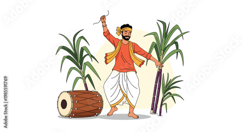 Indian farmer dancing happily in a field with sugarcanes and a traditional dhol drum for the harvest festival.