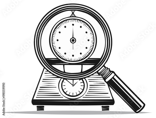 Magnifying glass examining scale for weight accuracy or measurement