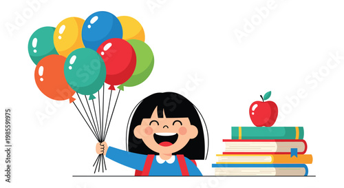 Cheerful schoolgirl with a red backpack holding a bunch of colorful balloons next to a stack of school books.