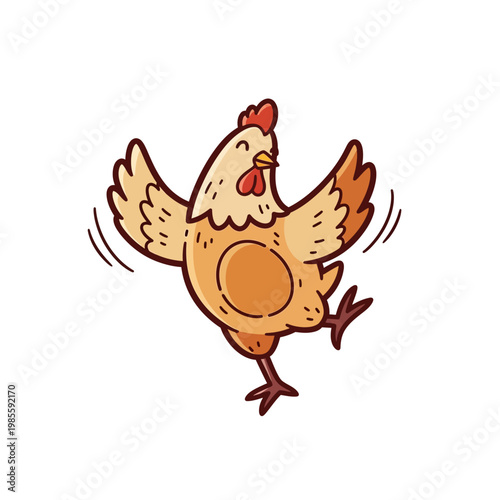 Happy cartoon chicken dancing with wings spread and one leg up, showing joyful movement.