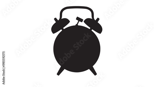 Alarm clock icon with black bells and top handle, simple silhouette style for time reminder and scheduling