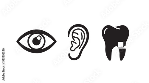 Medical icons for eye, ear, and tooth health