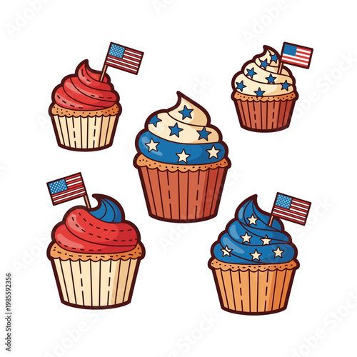 Five patriotic cupcakes decorated with red, white, and blue frosting and American flags, celebrating national holidays or events.