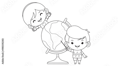 Cartoon character children playing with globe in classroom with educational learning concept line art