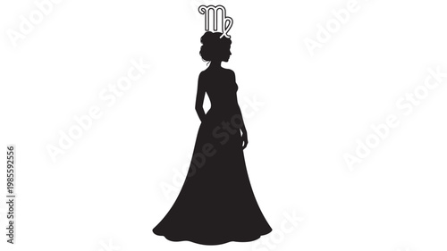 Silhouette woman with crown headdress in flowing gown, elegant profile icon for fashion and royalty designs