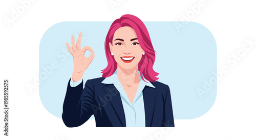 Confident woman with bright pink hair wearing a dark business suit and making an okay hand sign with a smile.