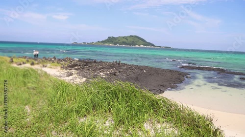 Jeju Island, Hyeopjae Beach, Hallim, white sand beach and sea, Hallim-ro, Hallim-eup, Geumneung Beach, Jeju-do, South Korea, Jeju Province, landscape view in a sunny day, and Biyangdo island