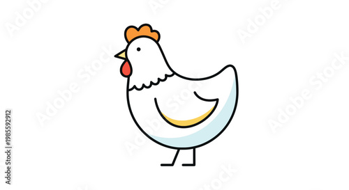 Cartoon chicken illustration in minimalist vector style; cute white hen with orange comb and red wattle on clean background