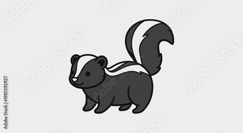 Cartoon skunk with black fur and white stripe isolated on white background; adorable animal with bushy tail in vector style