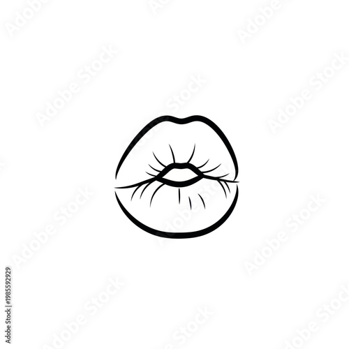 Minimalist Line Art Drawing of Lips Kissing on White Background