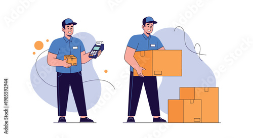 Two professional male delivery workers in blue uniforms handling boxes and a card reader for parcel delivery service.