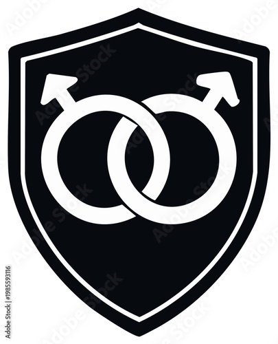 Symbol of two intersecting male gender signs on a shield, graphic design concept.