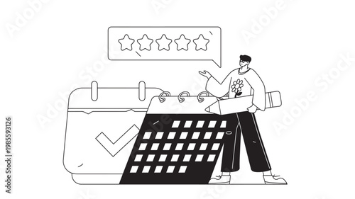 Clipboard checklist icon with star ratings chat bubble and celebratory businesswoman character vector illustration