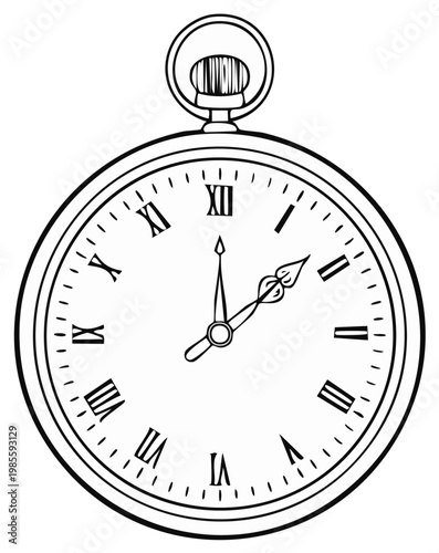 Illustration of a classic pocket watch with Roman numerals and elegant hands.