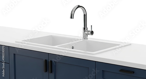Double White Kitchen Sink with Modern Chrome Faucet and Navy Cabinets