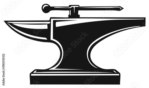 Black and white illustration of an anvil and hammer on a white background