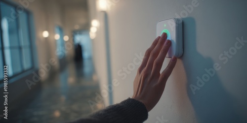 Hand using wall biometric scanner for secure access