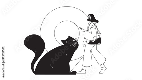 Cat and astronaut illustration with speech bubble, line art silhouette style for space theme posters and stickers