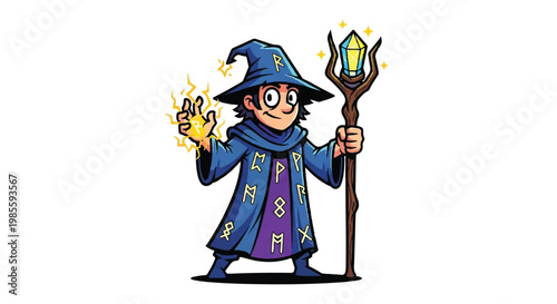 Cartoon wizard with staff and magic on white background