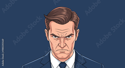 Serious businessman wearing formal dark blue suit and tie looking directly at camera with angry and stern facial expression.