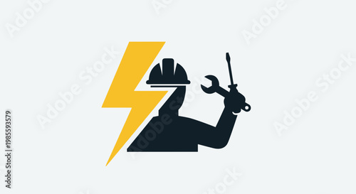 Electrician service worker holding wrench and screwdriver silhouette with yellow lightning bolt on white background vector illustration