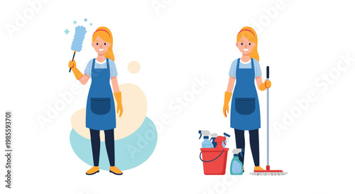 Professional cleaning service woman in blue apron holding duster and standing next to bucket with supplies and floor mop.