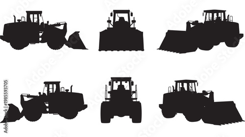 Tractor equipment silhouette set with front loader and backhoe views for construction and farm vector design