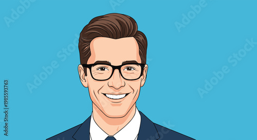 Happy businessman wearing stylish black glasses and formal suit smiling confidently against solid blue background.