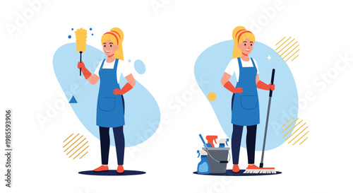 Female cleaner in blue apron and orange gloves performing tasks with dusting tool and floor mop near cleaning supplies.