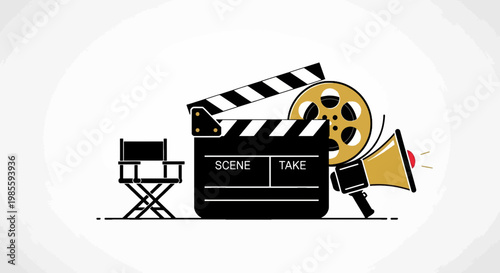Film industry clapboard with megaphone and movie reel illustration for cinematography marketing and filmmaking promotion