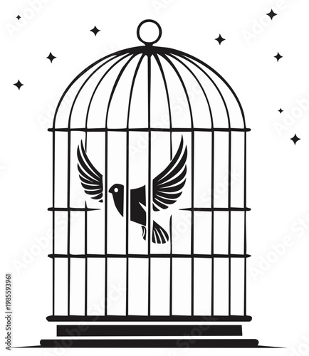 Bird escaping cage, freedom concept illustration, black and white