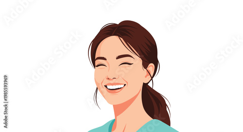 Young woman with dark hair tied back laughing joyfully with closed eyes and bright white teeth in a cheerful portrait.