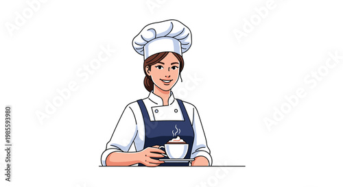 Professional female chef in white uniform and hat holding a cup of steaming hot coffee with cream on top.