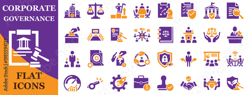 Corporate Governance Flat Icon Set. 2 Color Editable Vector for Business Compliance, Law, Ethics, Board Meetings, Company Policies, Web Design and Presentations.