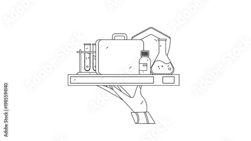 Laboratory equipment icon set with chemical bottles, beaker, flask, and sanitizer on a balance scale
