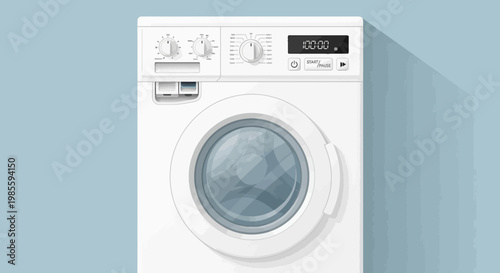 Front view of white washing machine with control panel against a blue wall in a minimalist style illustration for laundry room appliance concepts