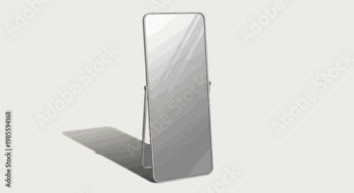 Full length standing mirror with slim metal frame in a bedroom setting providing a sleek and modern design element for interior decoration