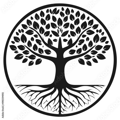 Circular Tree of Life Symbol with Roots and Leaves Black and White Silhouette