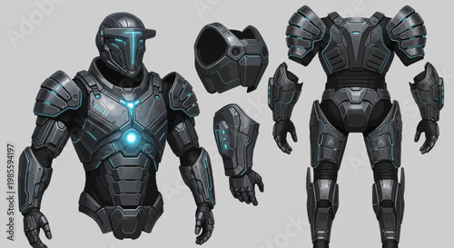 Futuristic armored soldier with helmet design and glowing blue accents; concept art for sci-fi games and graphic novel projects