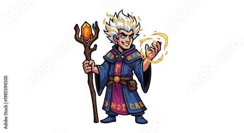 Cartoon wizard with staff and glowing effects illustration