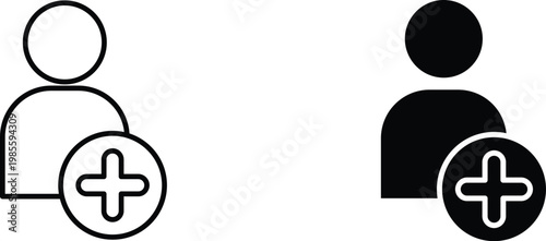 Add User Icon Set, two black and white vector graphics for new account creation. Modern UI/UX design elements for web and mobile applications.
