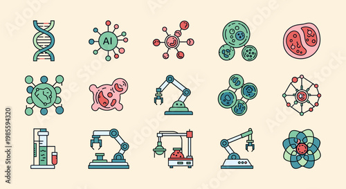 A minimalist illustration depicting a virus and lab equipment. It evokes themes of scientific research, potentially for health or biotech related cont