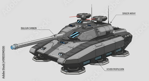 Futuristic hover tank with railgun cannon and sensor array on gray background science fiction concept modern warfare technology