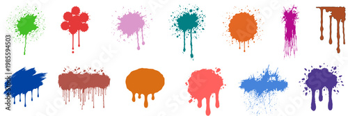 Abstract colorful ink splatter stains and paint blot shapes set